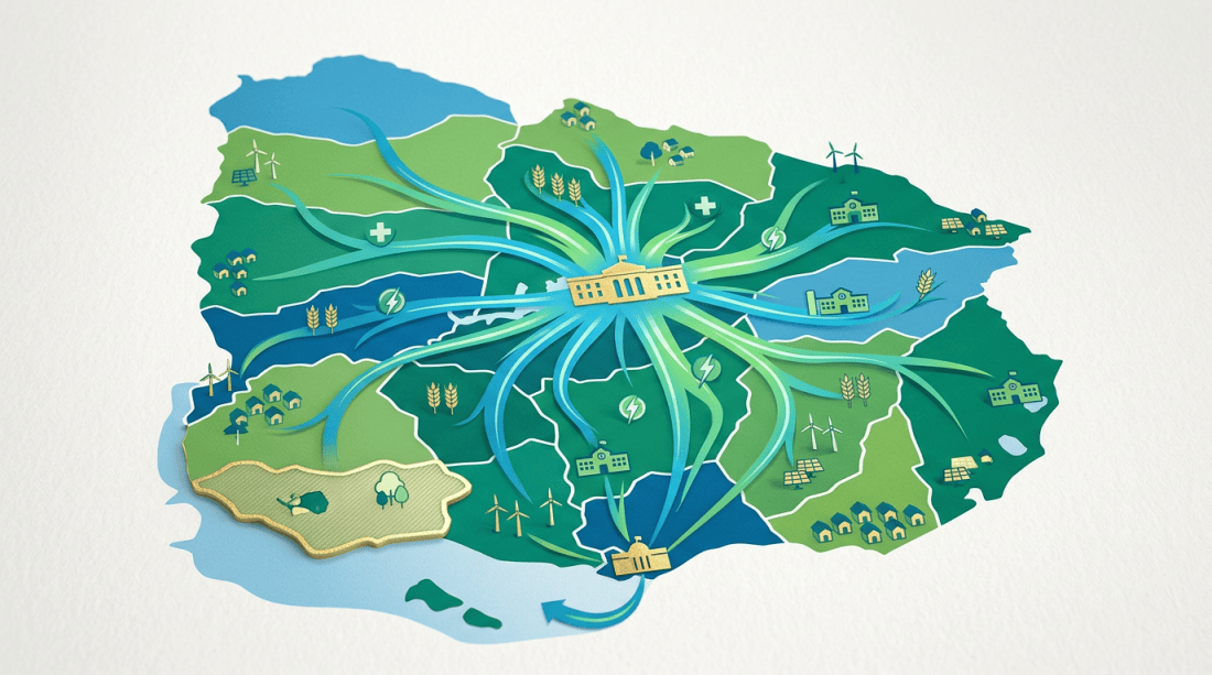 Illustrated map of renewable energy connecting farms, communities, and power stations