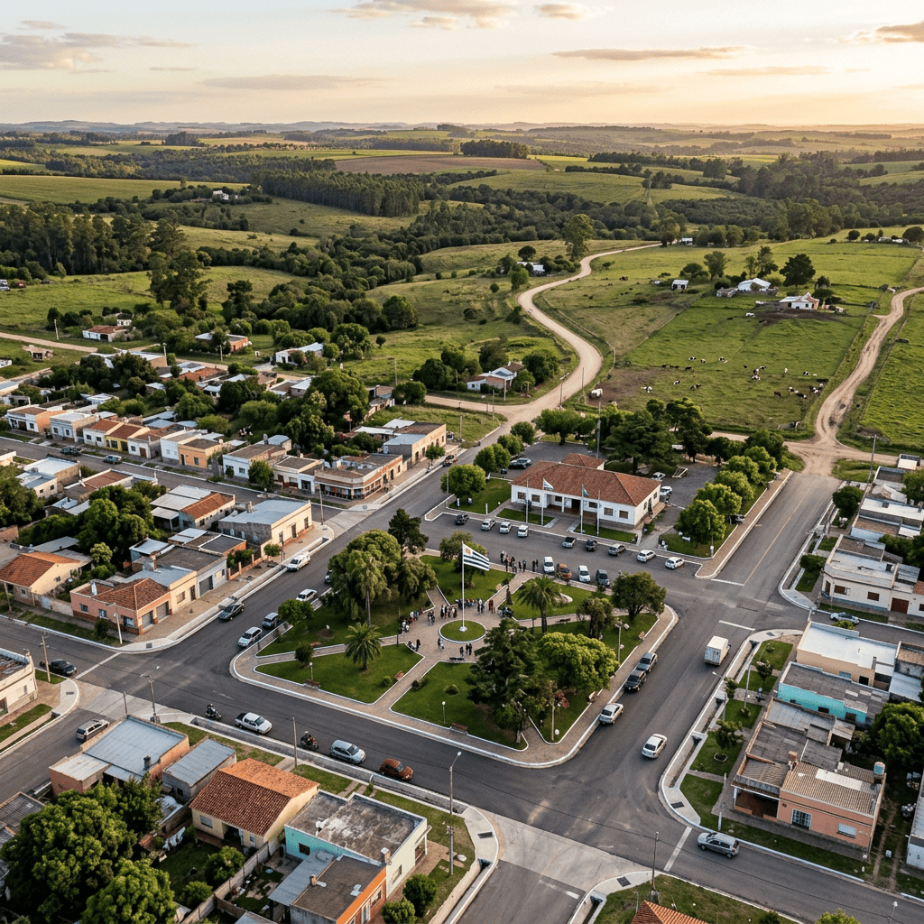Aerial view of a rural town, central plaza, farmland, and winding roads